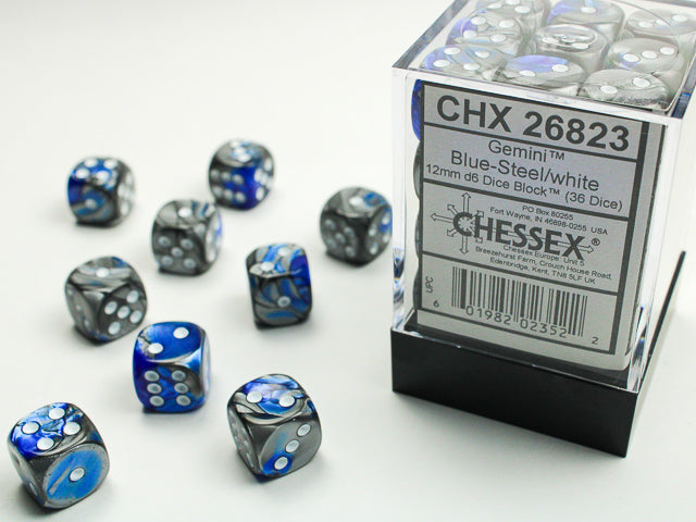 Chessex 12mm D6 Dice - Gemini - Black-Steel/White