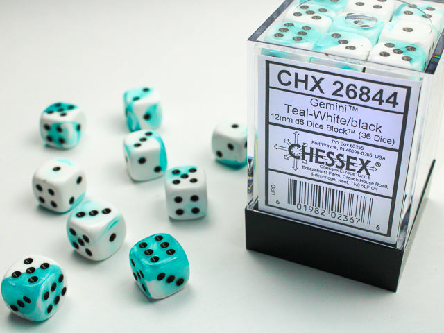 Chessex 12MM D6 Dice - Gemini - Teal-White/Black