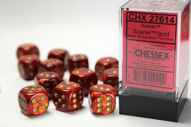 Chessex 16MM D6 Dice - Scarab - Scarlet/Gold