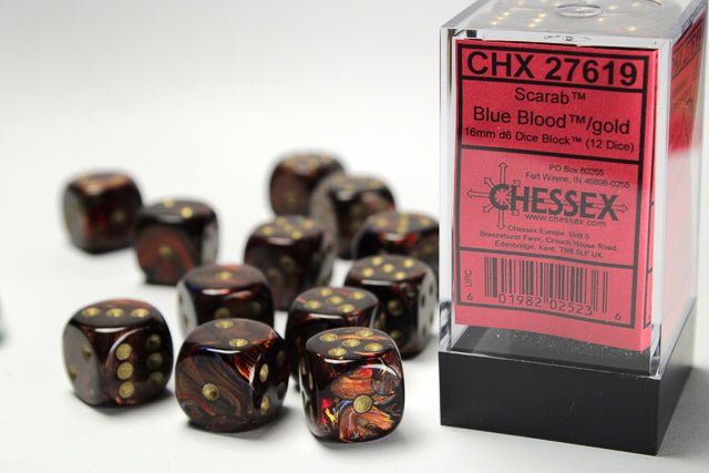 Chessex 16MM D6 Dice - Scarab - Blue Blood/Gold