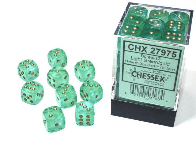 Chessex 12MM D6 Dice - Borealis Luminary - Light Green/Gold