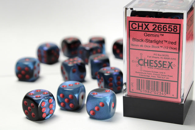 Chessex 16MM D6 Dice - Gemini - Black-Starlight/Red