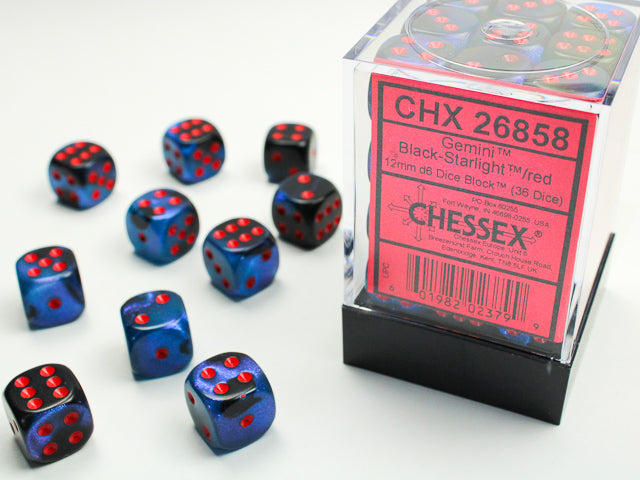 Chessex 12mm D6 Dice - Gemini - Black-Starlight/red