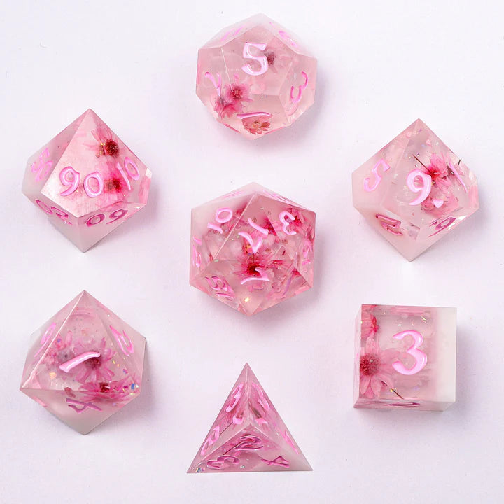 Hymgho Premium Gaming Captured Magic Sakura Cherry Blossom Hand Sanded Sharp Edge Resin 7 Set Dice