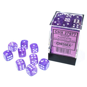 Chessex d6 Cube 12mm Borealis Luminary Purple with White (36)