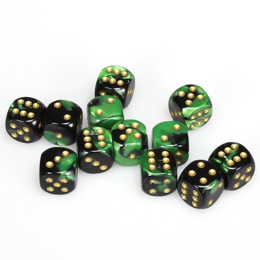 Chessex 16MM D6 Dice - Gemini - Black-Green/Gold
