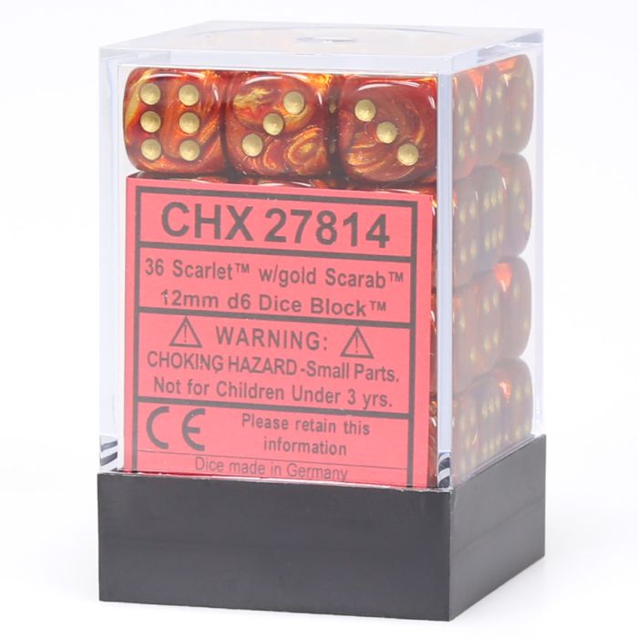 Chessex 12MM D6 Dice - Scarab - Scarlet/Gold