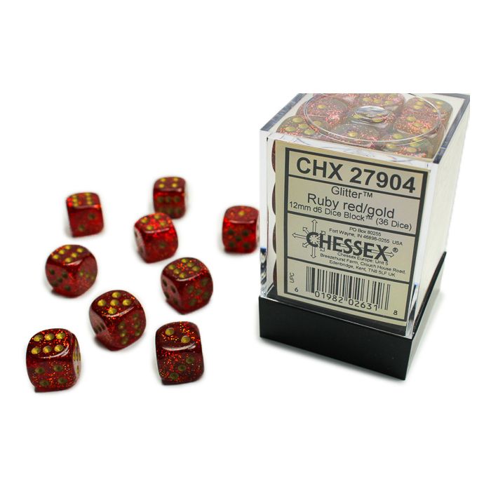 Chessex 12MM D6 Dice - Glitter - Ruby/Gold