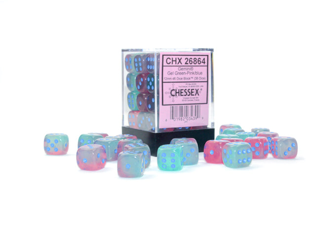 Chessex 12MM D6 Dice - Gemini Luminary - Gel Green-Pink/Blue