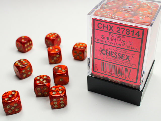 Chessex 12MM D6 Dice - Scarab - Scarlet/gold