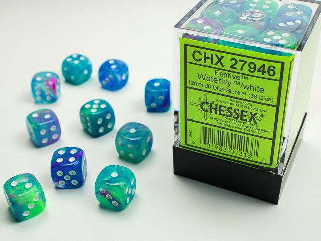Chessex 12MM D6 Dice - Festive - Waterlilly/White