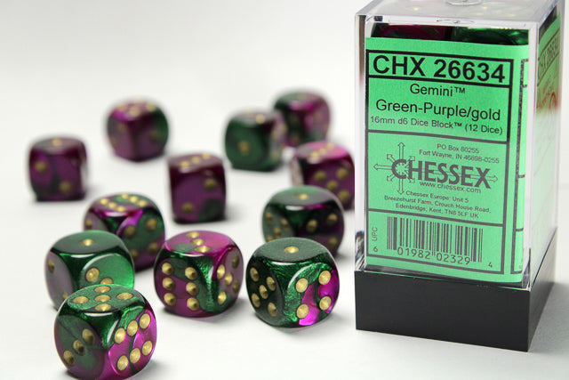 Chessex 16MM D6 Dice - Gemini - Green-Purple/gold