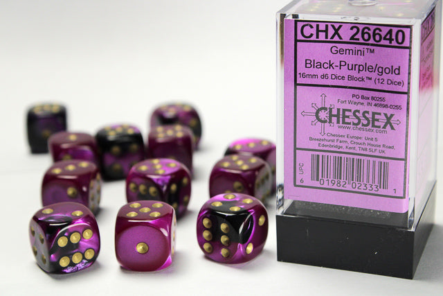 Chessex 16MM D6 Dice - Gemini - Black-Purple/gold