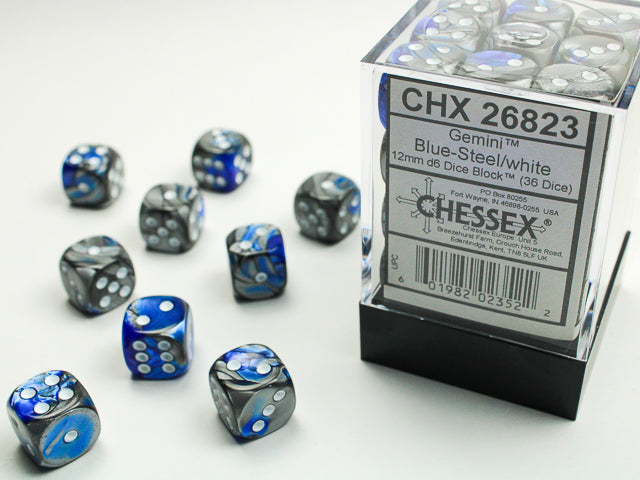 Chessex 12mm D6 Dice - Gemini - Black-Steel/white