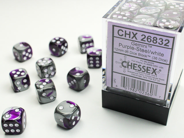 Chessex 12mm D6 Dice - Gemini - Purple-Steel/white