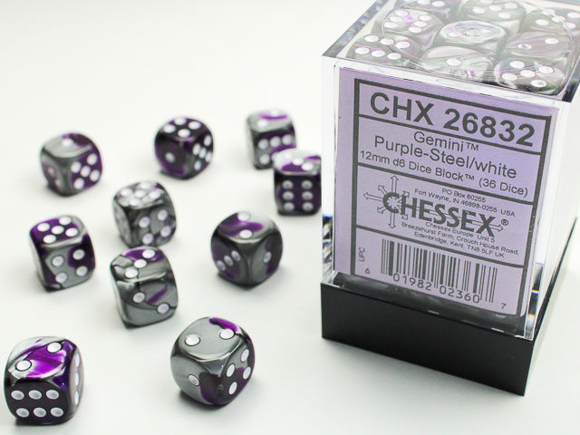 Chessex 12mm D6 Dice - Gemini - Purple-Steel/White