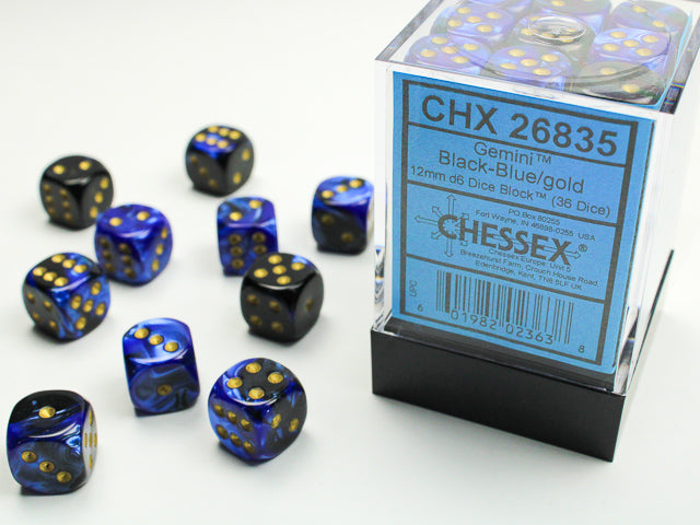 Chessex 12mm D6 Dice - Gemini - Black-Blue/gold