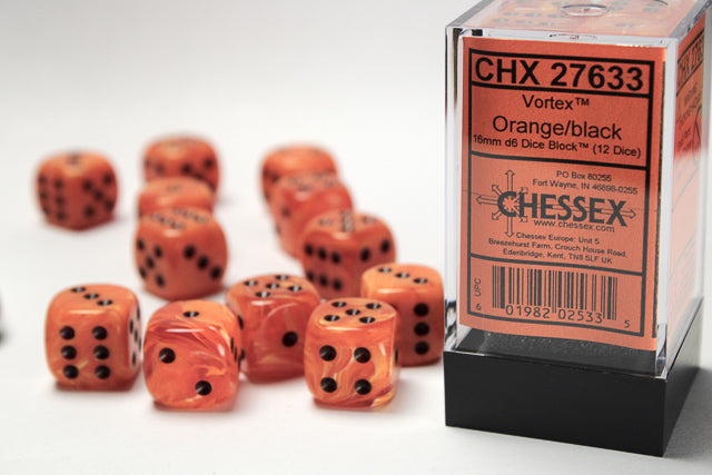 Chessex 16MM D6 Dice - Vortex - Orange/Black