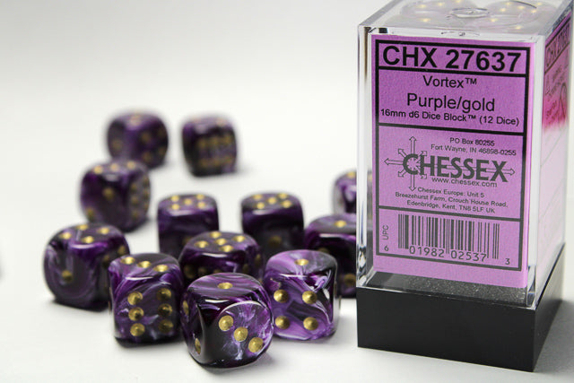 Chessex 16MM D6 Dice - Vortex - Purple/gold
