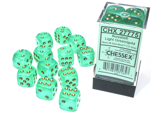 Chessex 16MM D6 Dice - Borealis Luminary - Light Green/Gold