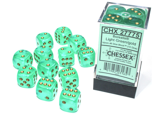 Chessex 16MM D6 Dice - Borealis Luminary - Light Green/gold