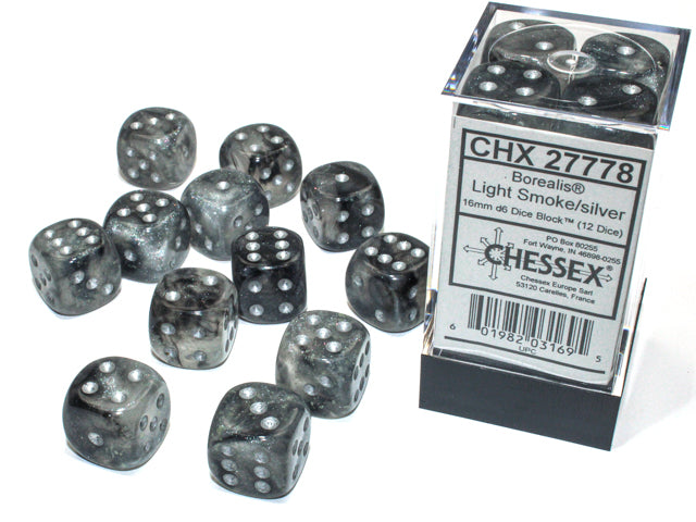 Chessex 16MM D6 Dice - Borealis Luminary - Light Smoke/Silver