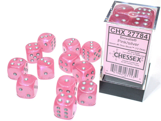Chessex 16MM D6 Dice - Borealis Luminary - Pink/Silver