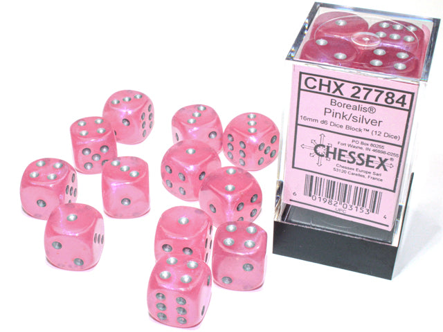 Chessex 16MM D6 Dice - Borealis Luminary - Pink/silver