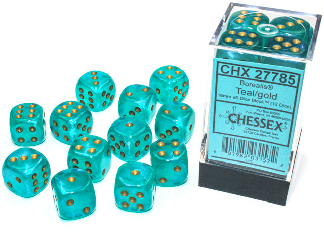 Chessex 16MM D6 Dice - Borealis Luminary - Teal/Gold