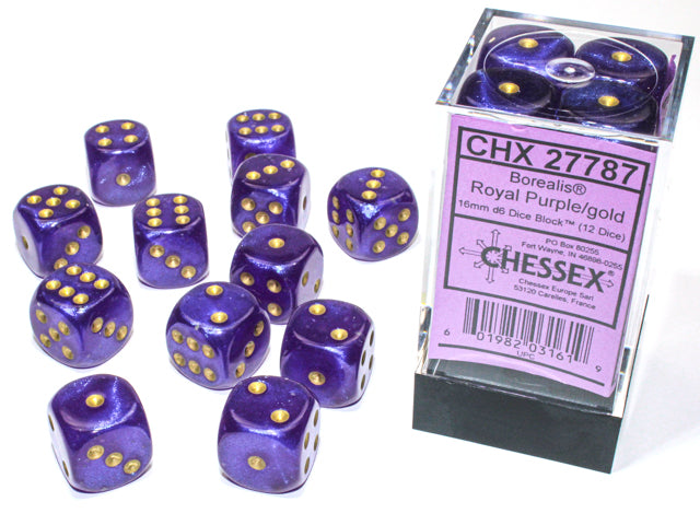Chessex 16MM D6 Dice - Borealis Luminary - Royal Purple/Gold