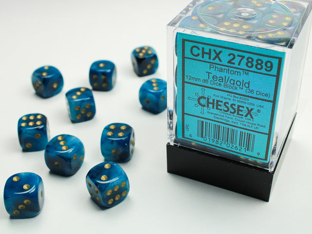 Chessex 12mm D6 Dice - Phantom - Teal/gold
