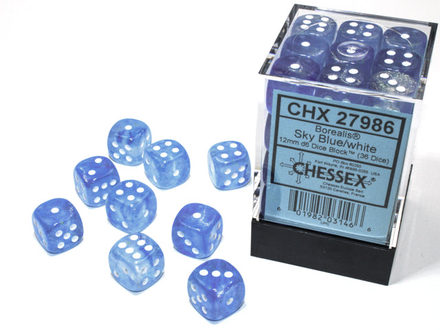 Chessex 12MM D6 Dice - Borealis Luminary - Sky Blue/White