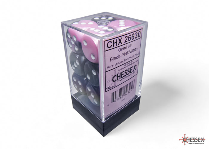 Chessex 16MM D6 Dice - Gemini - Black-White/Pink