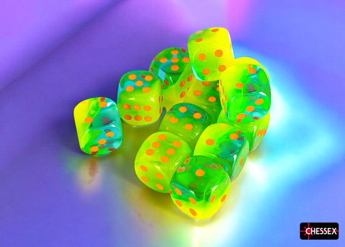 Chessex 16MM D6 Dice - Gemini Luminary - Plasma Green-Teal/Orange