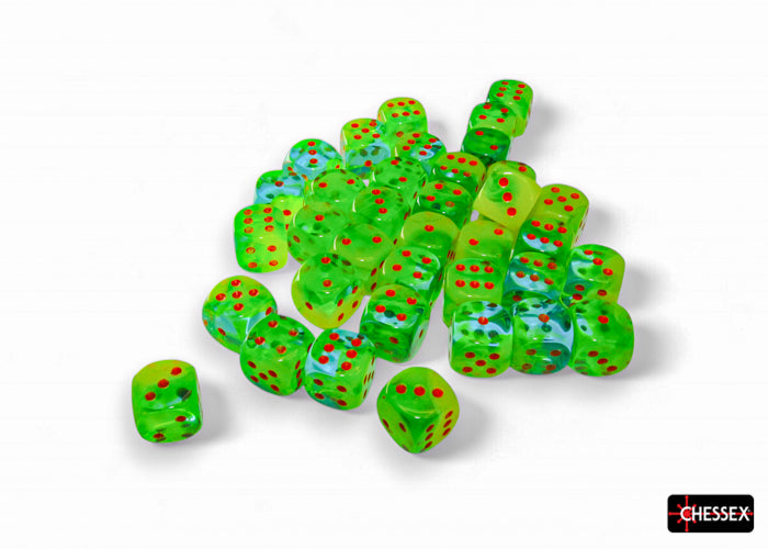 Chessex 12MM D6 Dice - Gemini Luminary - Plasma Green-Teal/Orange