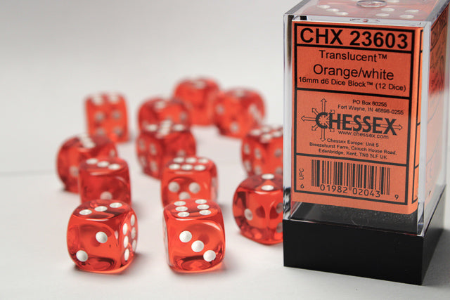 Chessex 16MM D6 Dice - Translucent - Orange/White