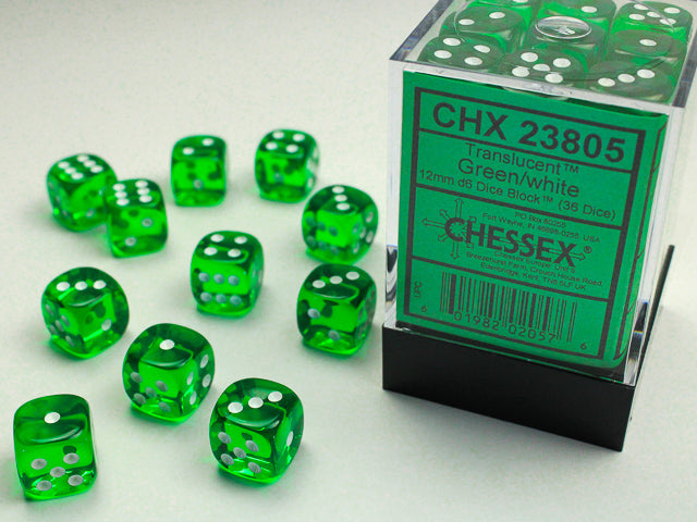 Chessex 12MM D6 Dice - Translucent - Green/white