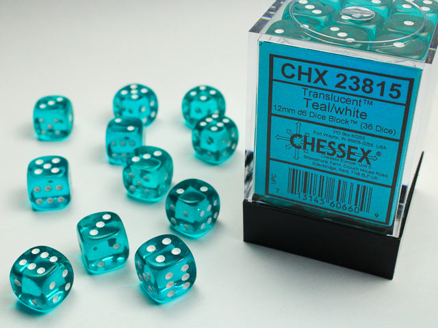 Chessex 12MM D6 Dice - Translucent - Teal/White