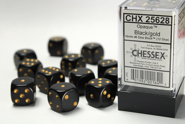 Chessex 16MM D6 Dice - Opaque - Black/Gold