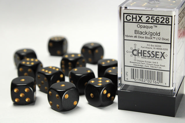 Chessex 16MM D6 Dice - Opaque - Black/gold