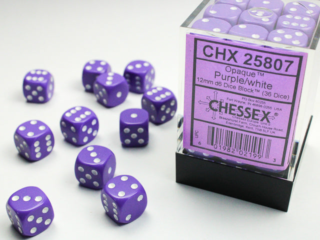 Chessex 12MM D6 Dice - Opaque - Purple/white