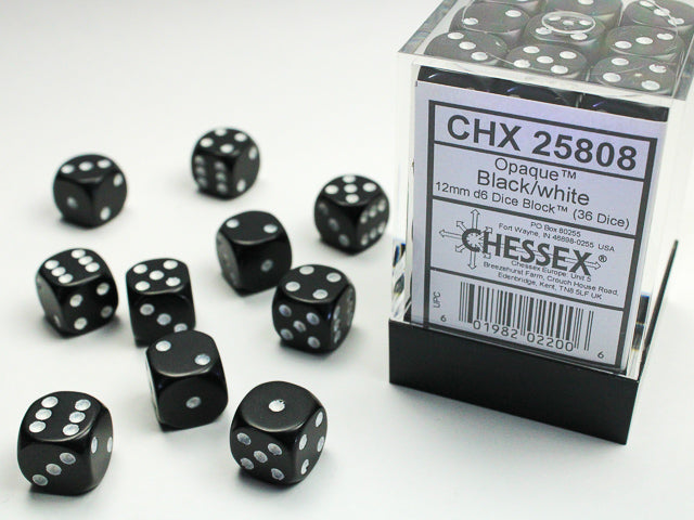 Chessex 12MM D6 Dice - Opaque - Black/white