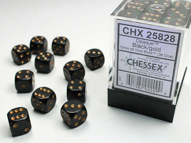 Chessex 12MM D6 Dice - Opaque - Black/Gold