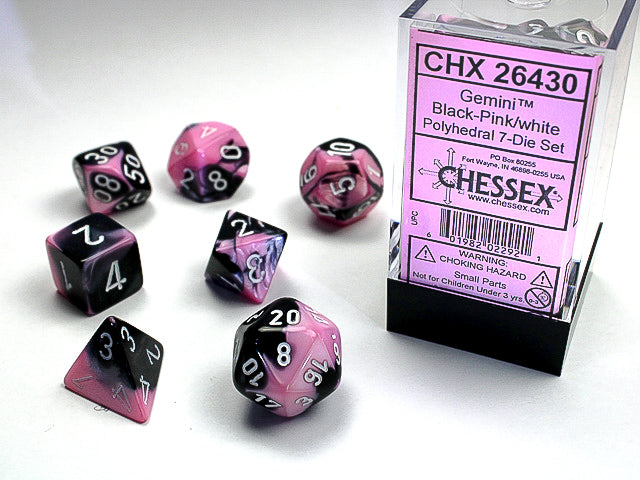 Chessex 7-Die set - Gemini - Black-Pink/white