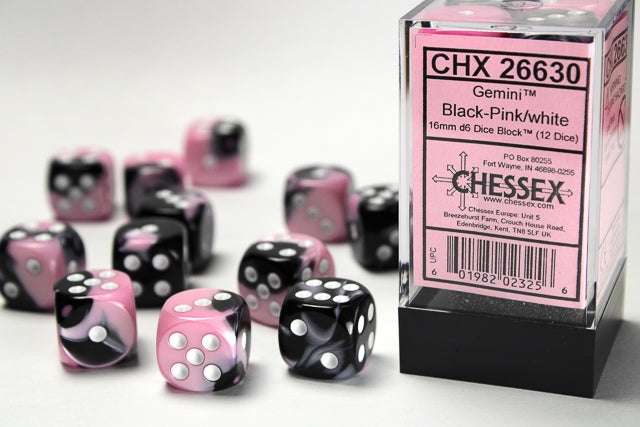 Chessex 16MM D6 Dice - Gemini - Black-Pink/white