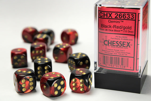 Chessex 16MM D6 Dice - Gemini - Black-Red/gold