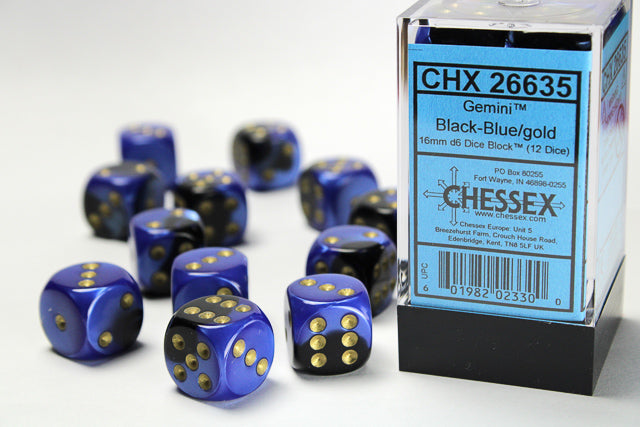 Chessex 16MM D6 Dice - Gemini - Black-Blue/gold