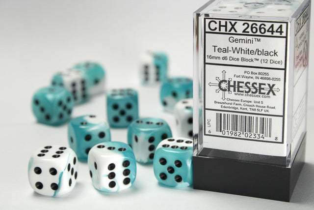 Chessex 16MM D6 Dice - Gemini - Teal-White/black