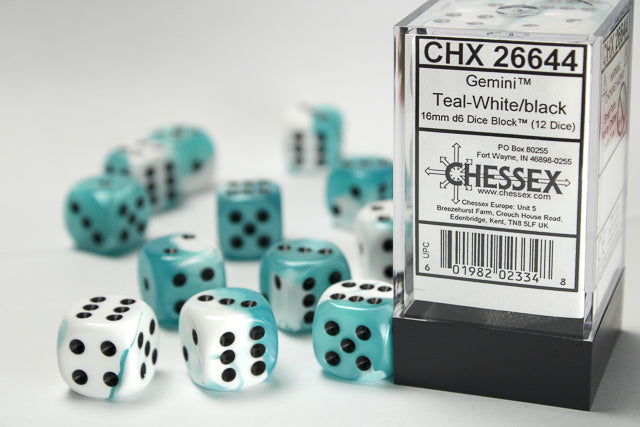 Chessex 16MM D6 Dice - Gemini - Teal-White/Black