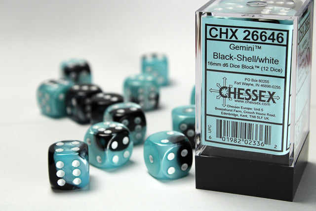 Chessex 16MM D6 Dice - Gemini - Black-Shell/white